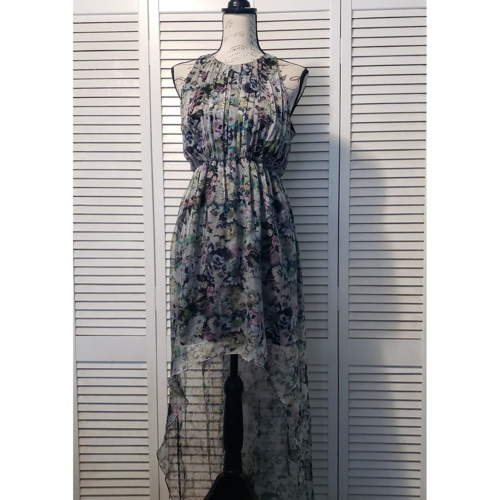 Zara Woman Sleeveless High-Low Dress Women's Large Green Floral Gathered Chiffon